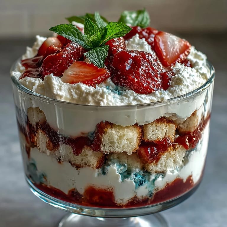 This Red White Blue Berry Trifle features vibrant berries atop creamy layers of angel food cake.