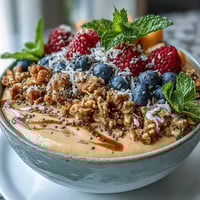 Thick and creamy guava and mango smoothie bowl with crunchy granola and fresh berries.