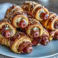 Golden crescent-wrapped mini hot dogs baked to perfection, with exposed ends resembling tiny baseball bats.