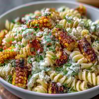 Vibrant Elote Pasta Salad with Cotija, chili, and lime, showcasing charred corn, creamy cheese, and zesty dressing on a rustic platter.