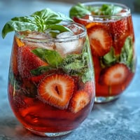 Strawberry Basil Sangria Mocktail in a clear pitcher with ice, sliced citrus, and fresh basil, ready for a summer party.