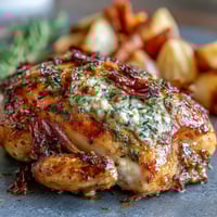 Golden roasted whole chicken, glistening with herb butter, served with roasted vegetables.
