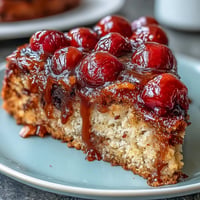 Cherry Almond Upside-Down Cake with caramelized cherries and almond notes, served on a rustic wooden board.  