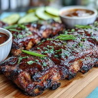 Showcasing Father's Day BBQ Rib Board with three delicious sauces.